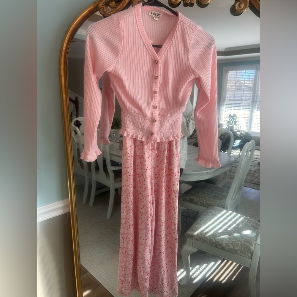 Trixxi Girl Pink Floral Pants Jumpsuit & Cardigan Set Girls Size 7/8